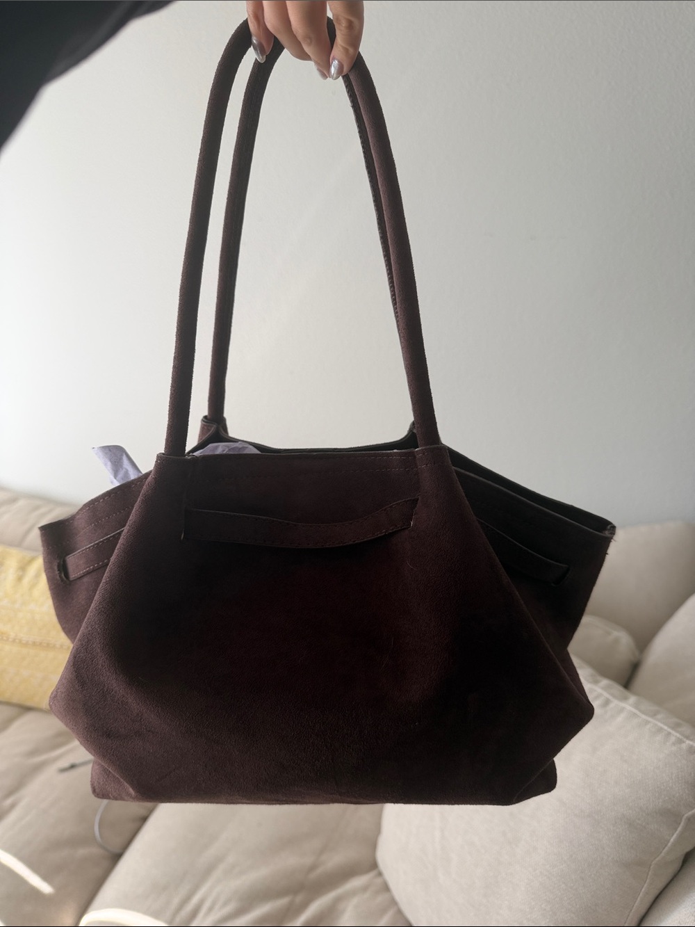 Coffee Brown Casual Women's Faux Suede Tote Bag - Picture 2 of 4